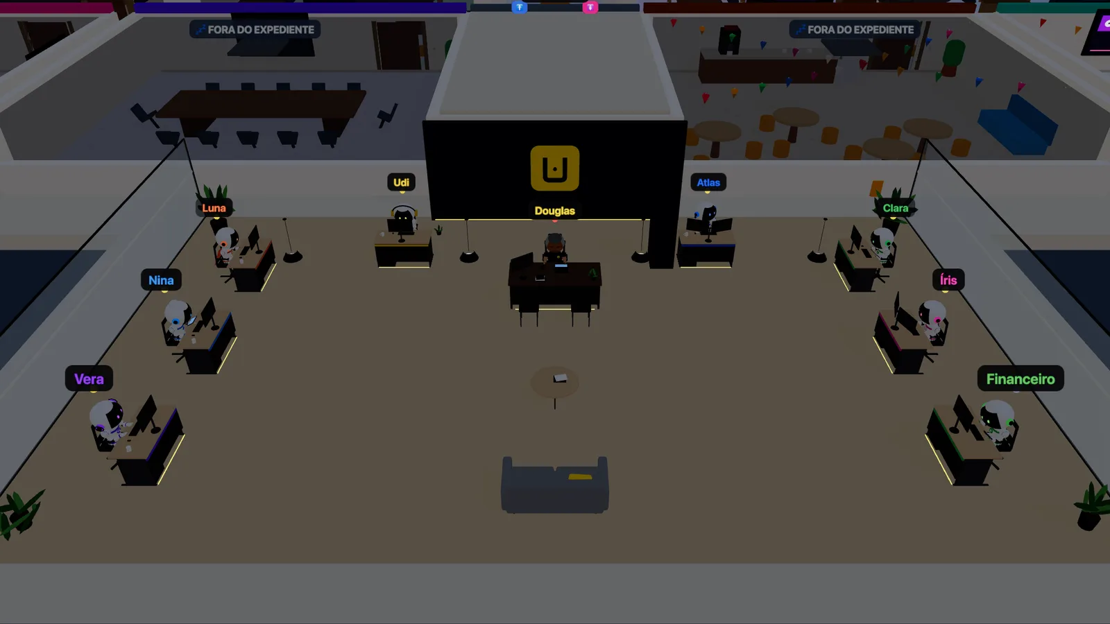 Escritório virtual da udiApps em 3D: a Ala udiApps com os oito udiAgents (Luna, Nina, Udi, Clara, Vera, Atlas, Íris e Financeiro) em suas estações e Douglas na mesa da diretoria, sob o logo oficial; ao fundo, as salas da empresa